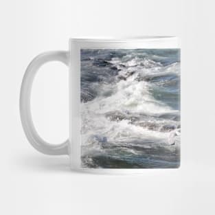 Seagulls flying over the waves, Seahouses, Northumberland, UK Mug